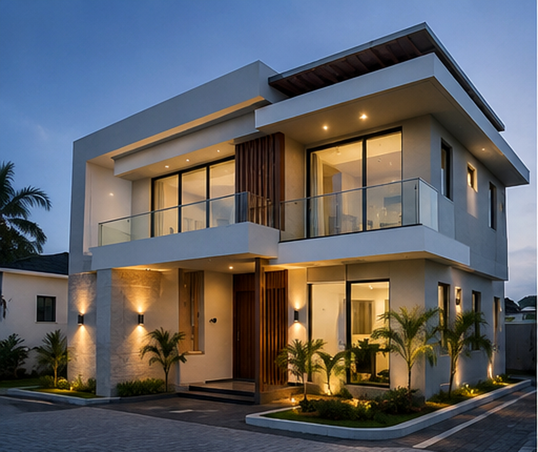 Contemporary Nigerian family residence lit at dusk